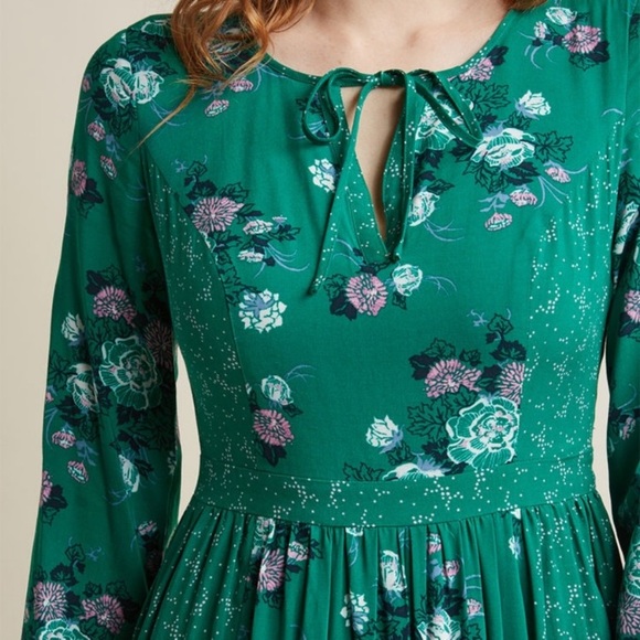 Modcloth Green Floral Long Sleeve Maxi Dress XXS - Picture 4 of 11